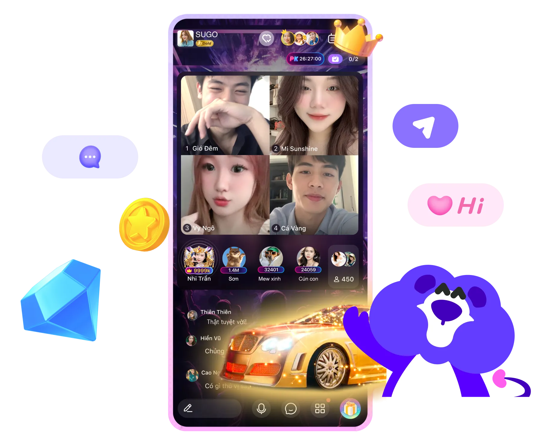 Giao diện ứng dụng SUGO với các phòng trò chuyện trực tiếp